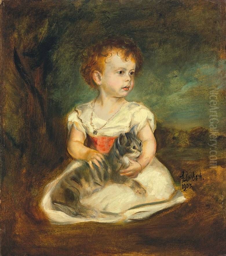 Portrait of a little girl with cat Oil Painting by Lenbach Franz Von