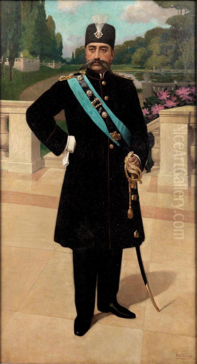 Official portrait of Muzaffar al-din Shah Qajar on the occasion of his state visit to Belgium in 1905 Oil Painting by Aime Stevens