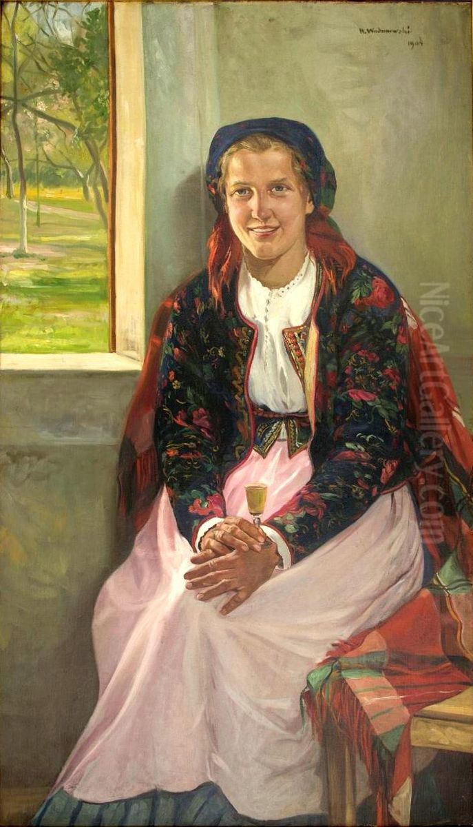 Portret goralki (Piekna Zoska) Oil Painting by Wincenty Wodzinowski