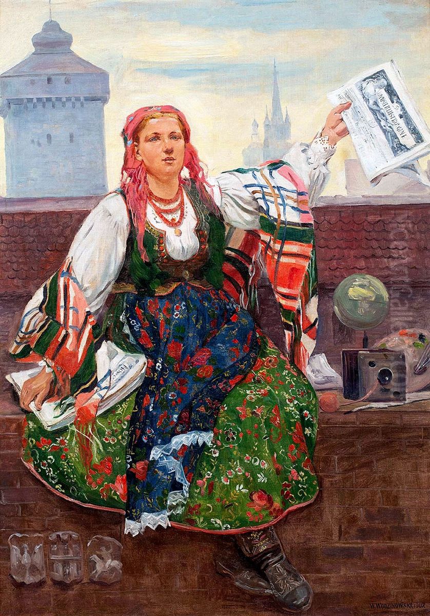 Kobieta sprzedajaca gazety Oil Painting by Wincenty Wodzinowski