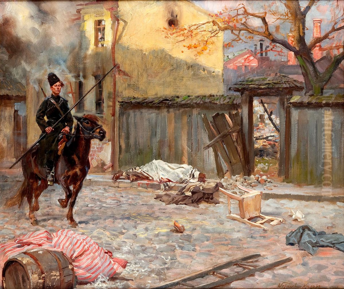 Scene from Russian village with Cossack Oil Painting by Wojciech Kossak