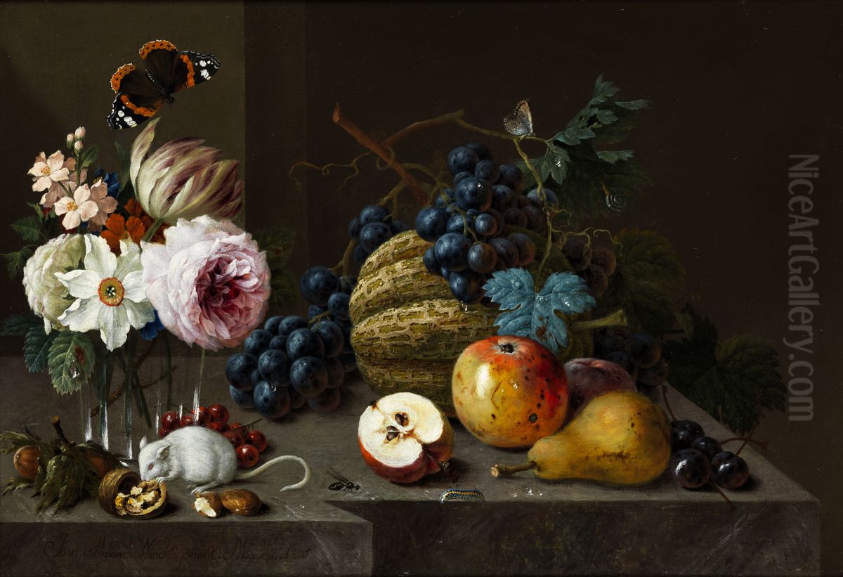 Blumen und Fruchte auf einer steinernen Plinthe mit Schmetterlingen und Mausen Oil Painting by Johann Amandus Winck