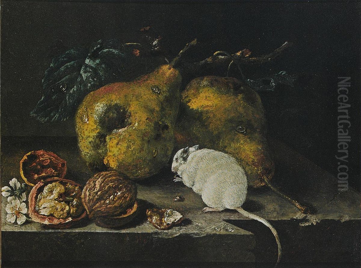 Stilleben mit Birnen, Walnussen und einer weissen Maus Oil Painting by Johann Amandus Winck