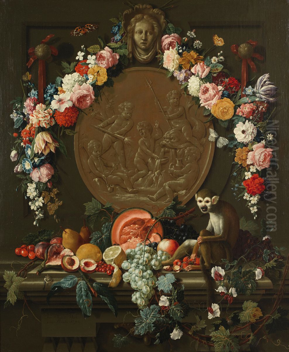 A monkey seated on a stone ledge with a still life of fruit, before a medallion garlanded with flowers Oil Painting by Johann Amandus Winck