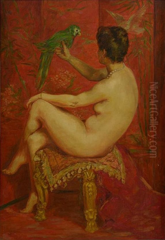 Woman with a parrot Oil Painting by Emile Baes