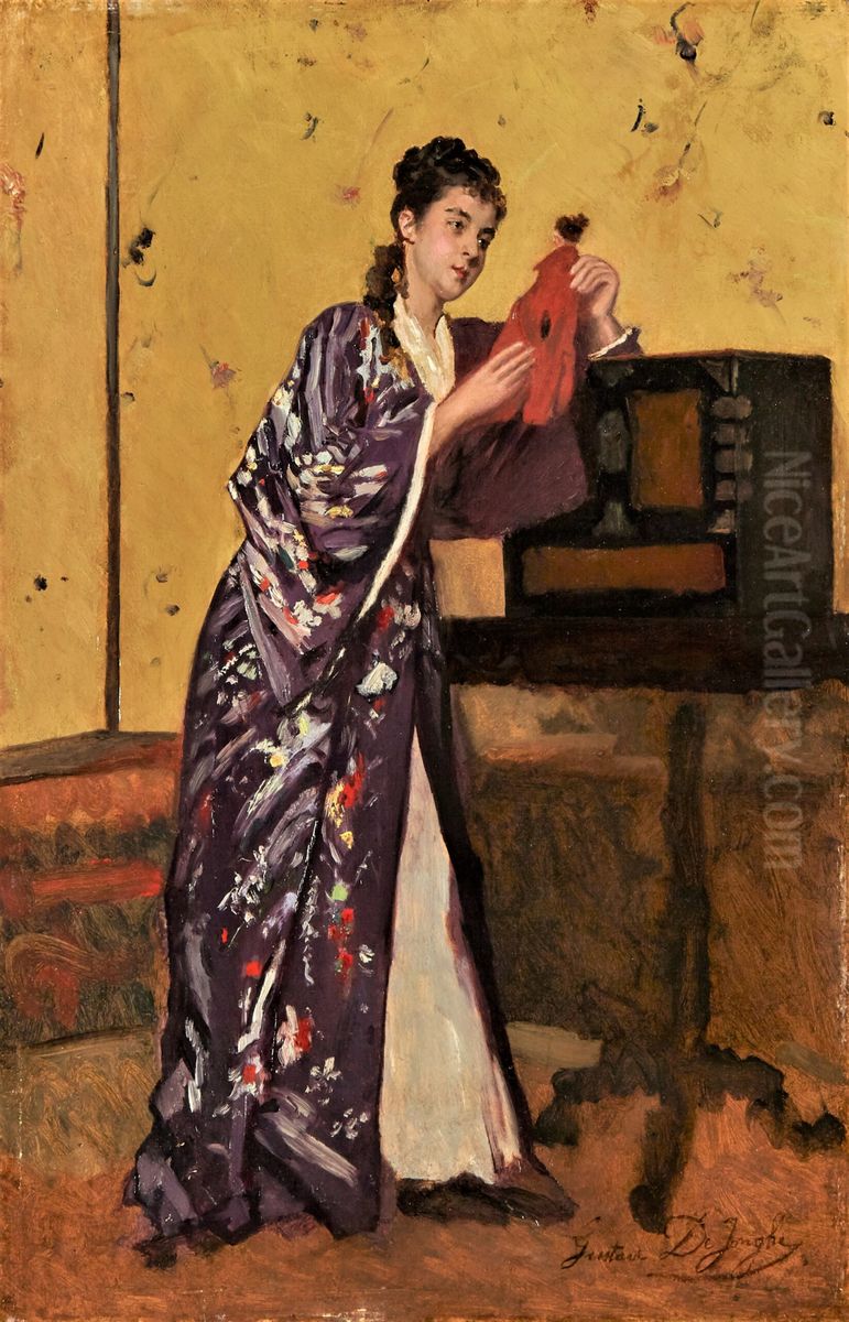 The woman in the Kimono Oil Painting by Gustave Leonard de Jonghe
