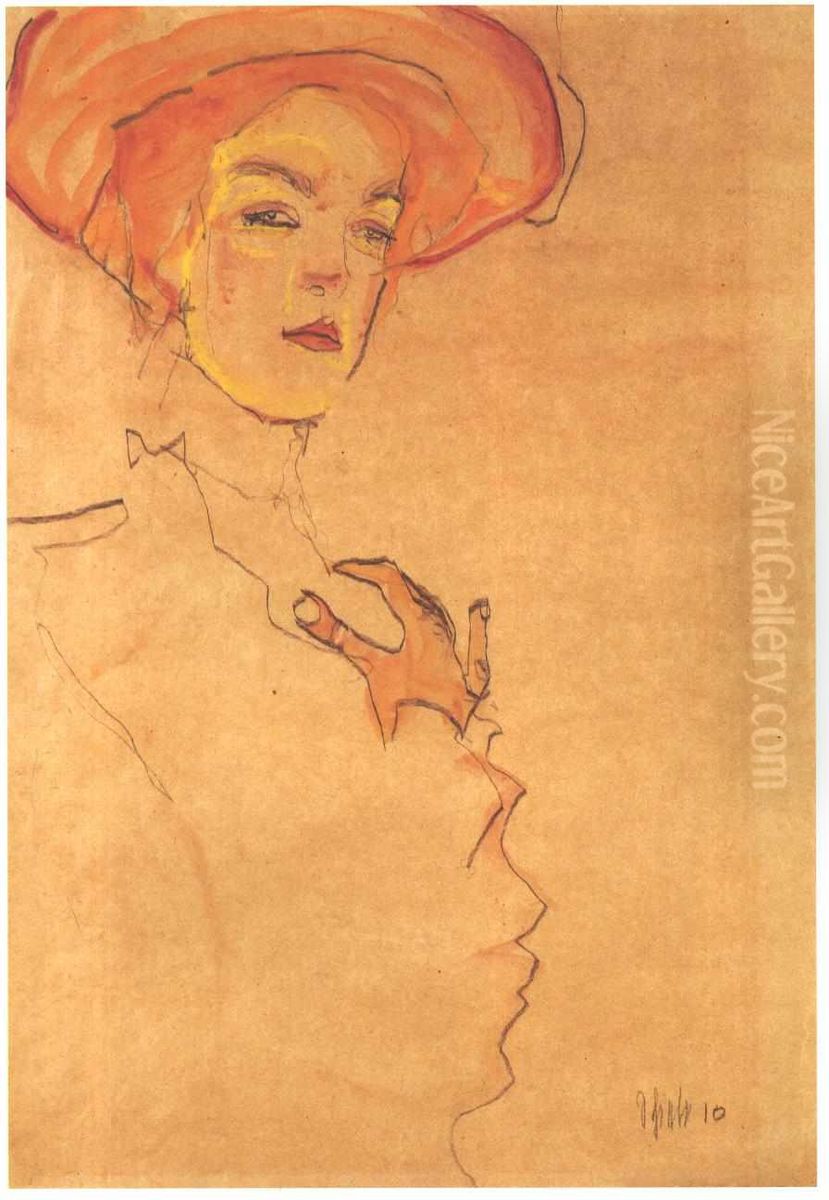 Portrait of a woman with orange hat Oil Painting by Egon Schiele