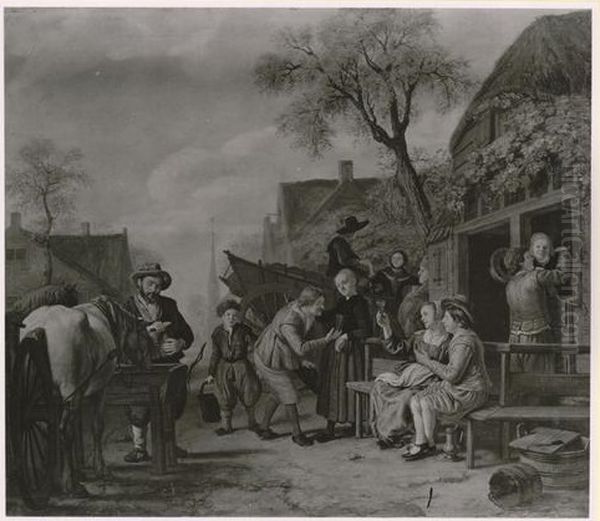 Village scene before an inn Oil Painting by Jan Victors