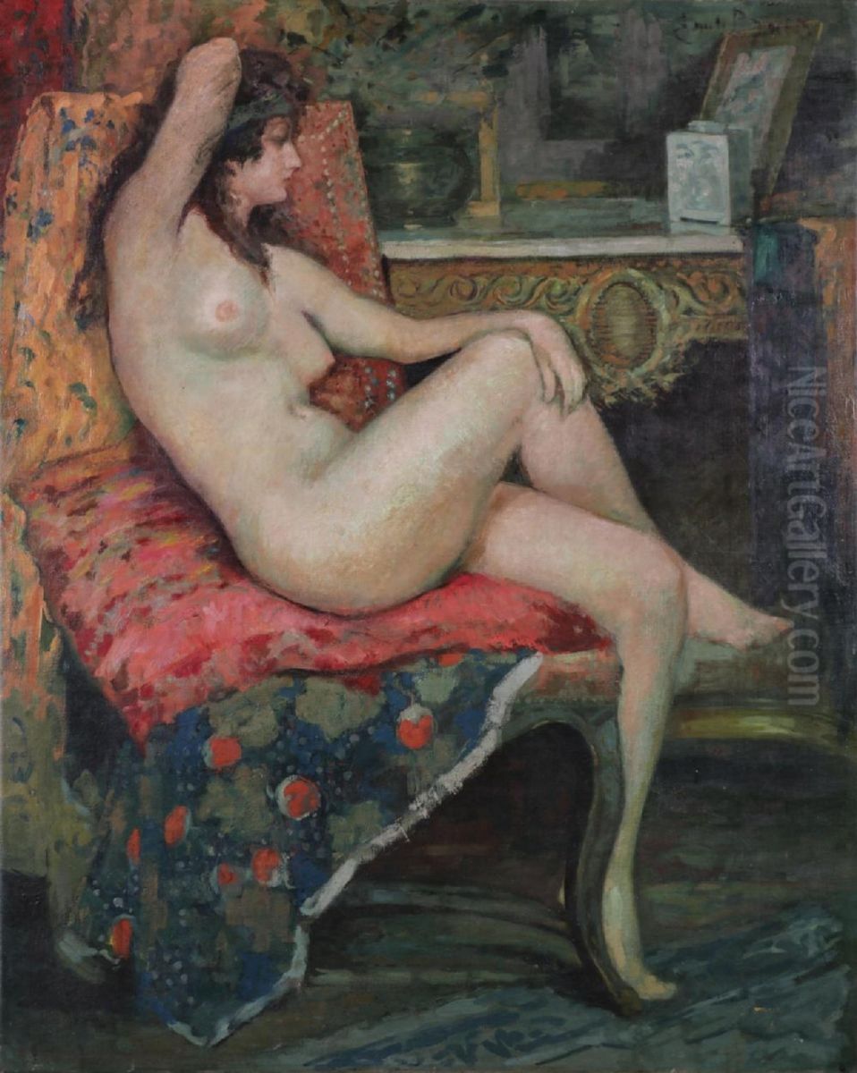 Seated nude in an interior Oil Painting by Emile Baes