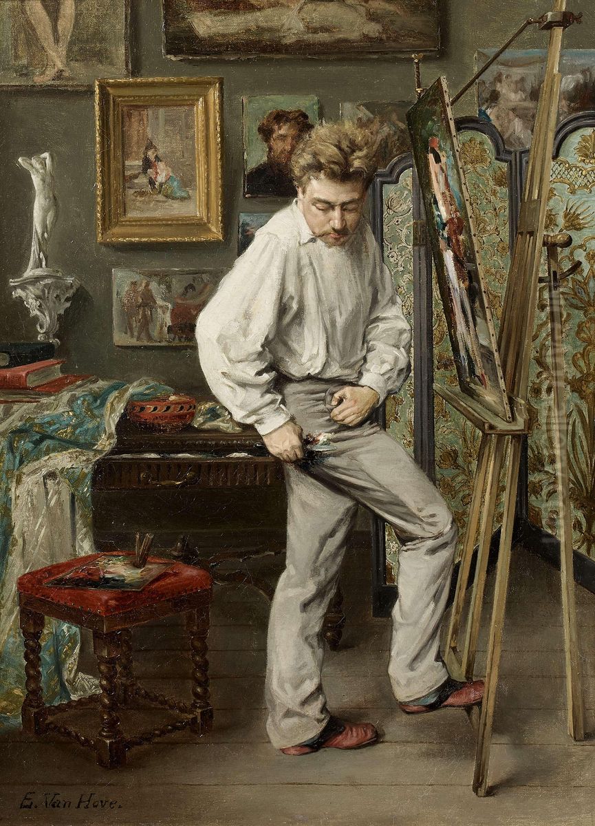 Self-portrait in his atelier Oil Painting by Edmond Van Hove