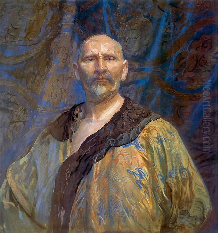 Self-portrait in Chinese gown. Oil Painting by Leon Wyczolkowski