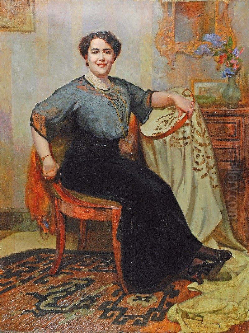 Portret lwowianki w czarnej sukni Oil Painting by Leonard Wintorowski