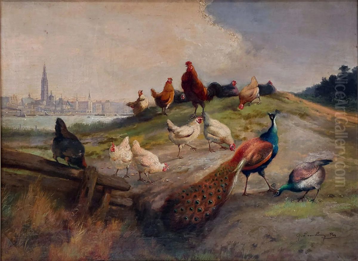 Landscape with animals and view of Antwerp Oil Painting by Jef Louis Van Leemputten