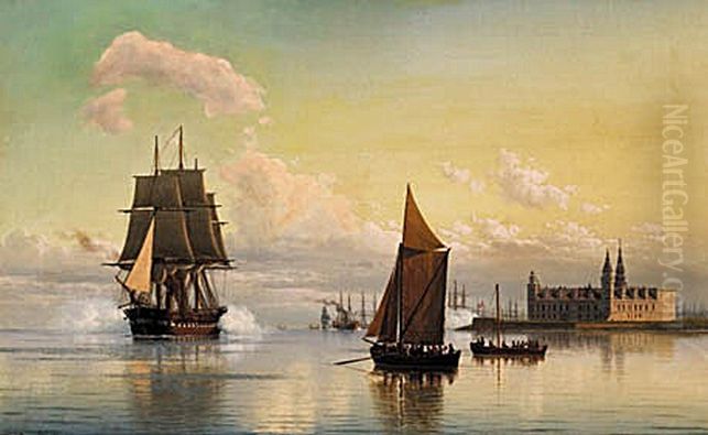 En skruefregat og andre skibe ved Kronborg. Oil Painting by Carl Baagoe