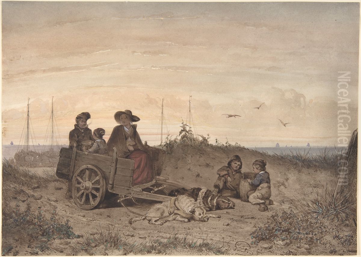 A Fisherman's Family at the Beach, the Mother and One of the Children Sitting in a Cart Oil Painting by Jan Gerard Smits