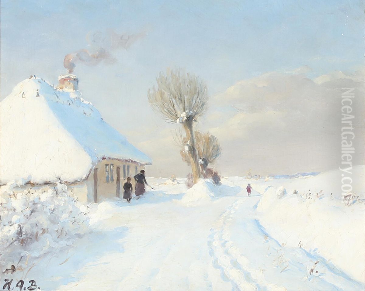 Sunny winter day with mother and child in front of a cottage. Oil Painting by H. A. Brendekilde