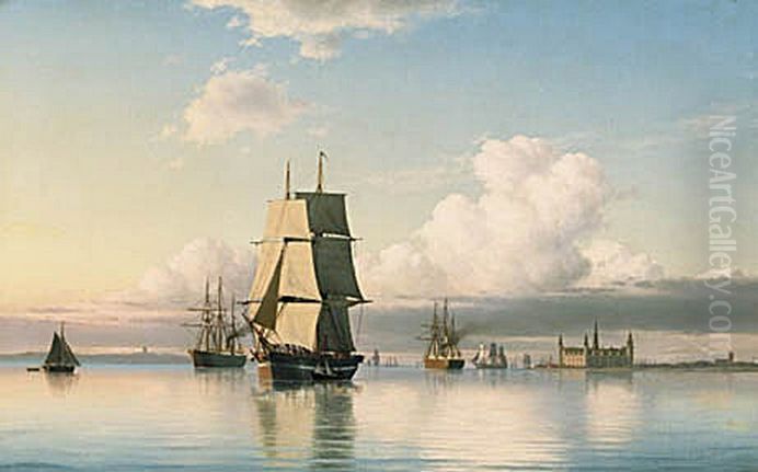 Ships off Kronborg castle in calm weather. Oil Painting by Carl Baagoe