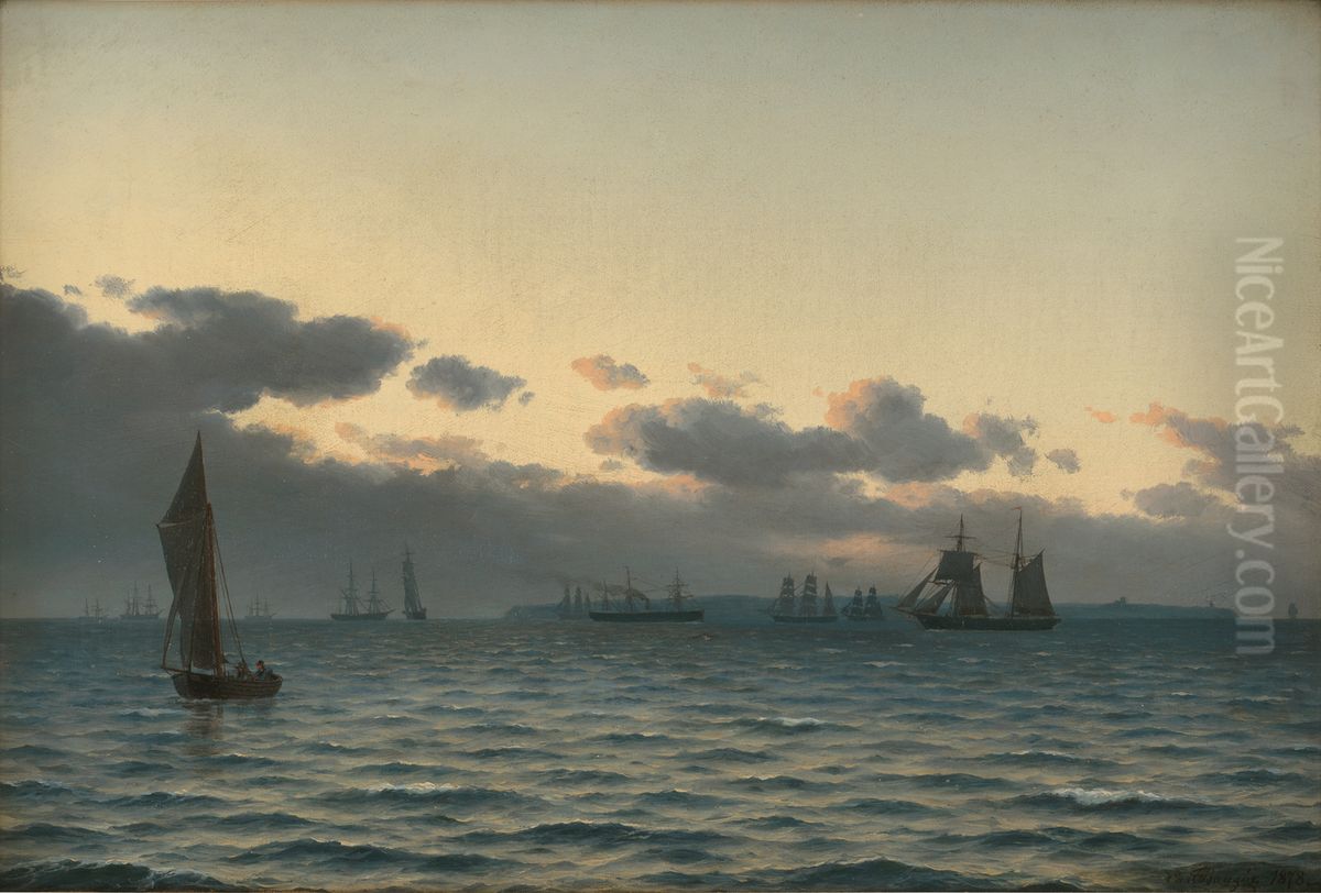 Sailing ships at sunset. Oil Painting by Carl Baagoe