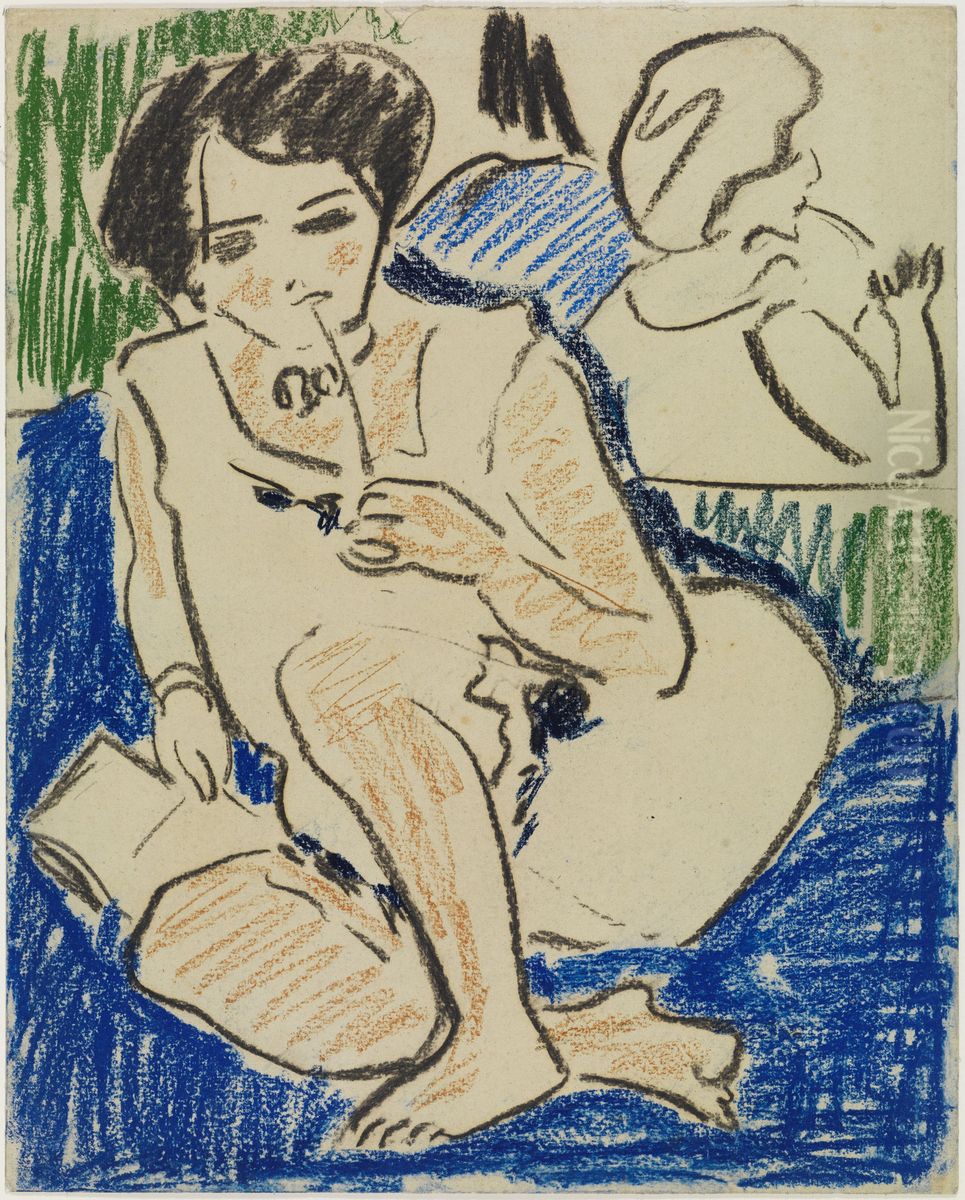 Hockende mit Buch Oil Painting by Ernst Ludwig Kirchner