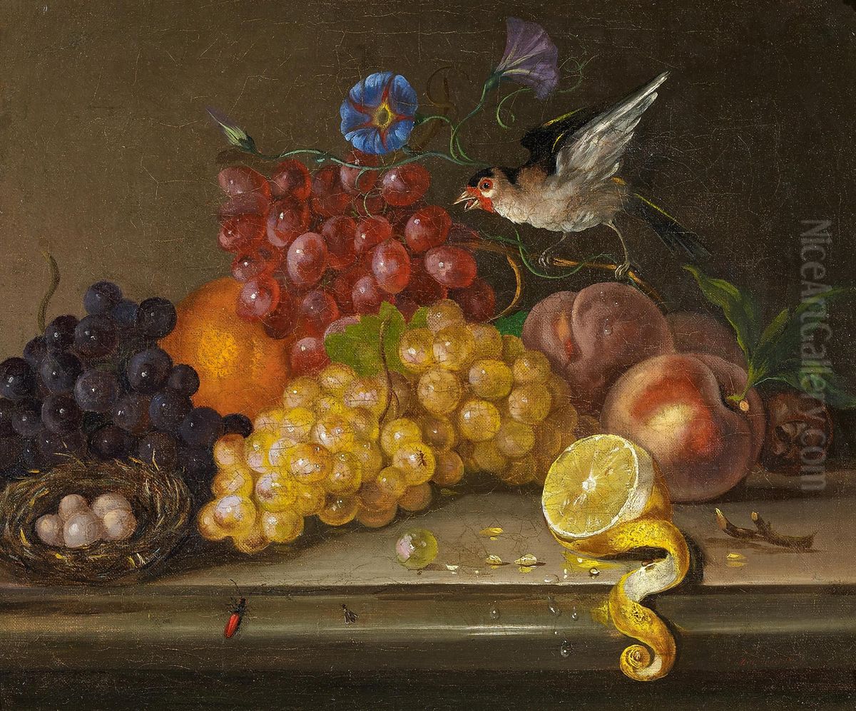 Fruit still life with goldfinch Oil Painting by Johann Nepomuk Mayrhofer