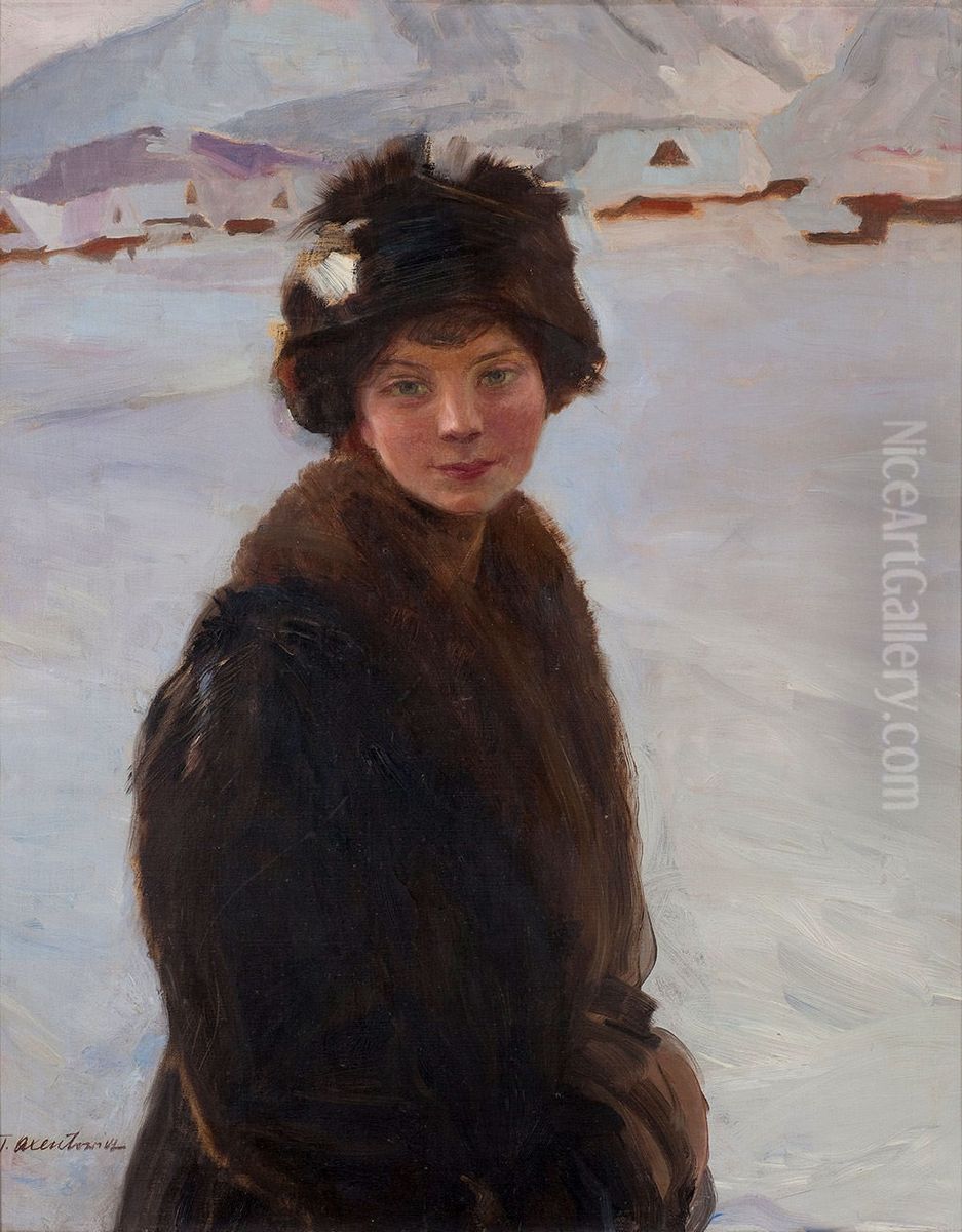 Portret mlodej dziewczyny na tle zimowego krajobrazu (Zimowa dziewczyna) Oil Painting by Teodor Axentowicz