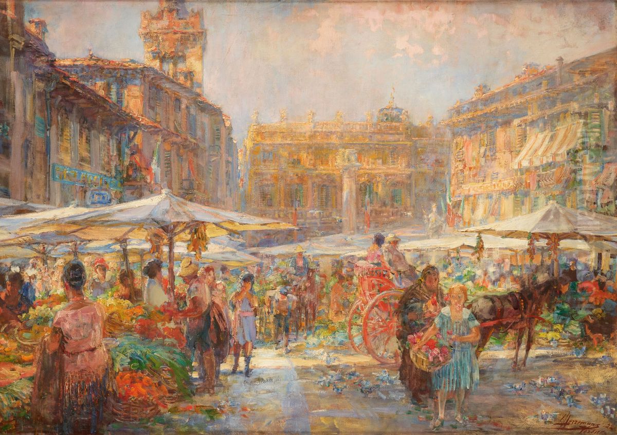 Flower market in Verona Oil Painting by Lieven Herremans