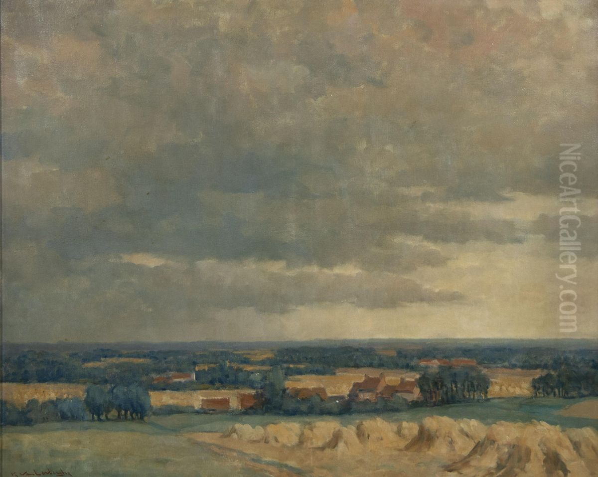 Landscape with haystacks Oil Painting by Karel Van Lerberghe