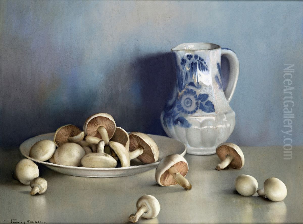 Still life with mushrooms and a pitcher Oil Painting by Firmin Baes