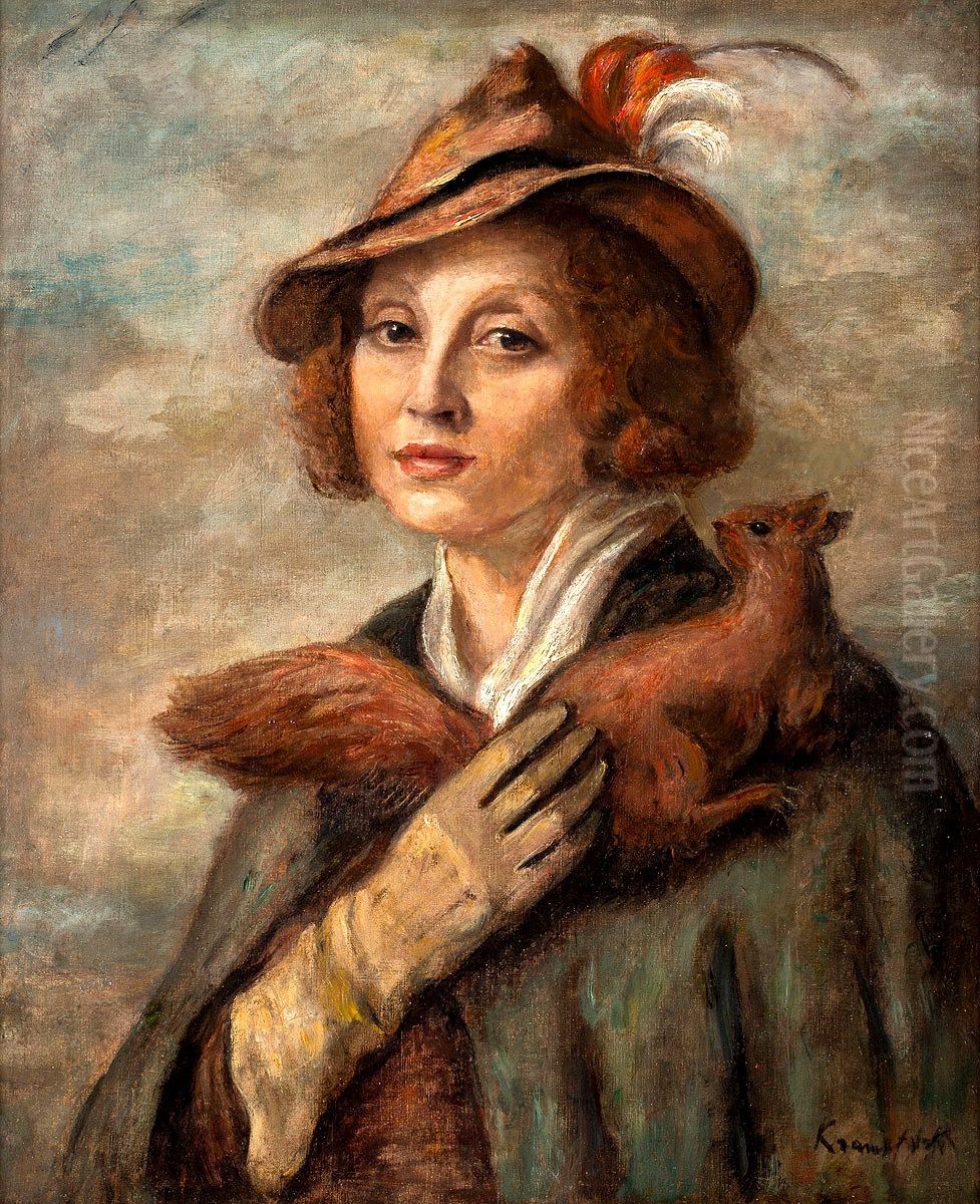 Dama z wiewiorka (Portret Marii Brydzinskiej-Potockiej) Oil Painting by Roman Kramsztyk