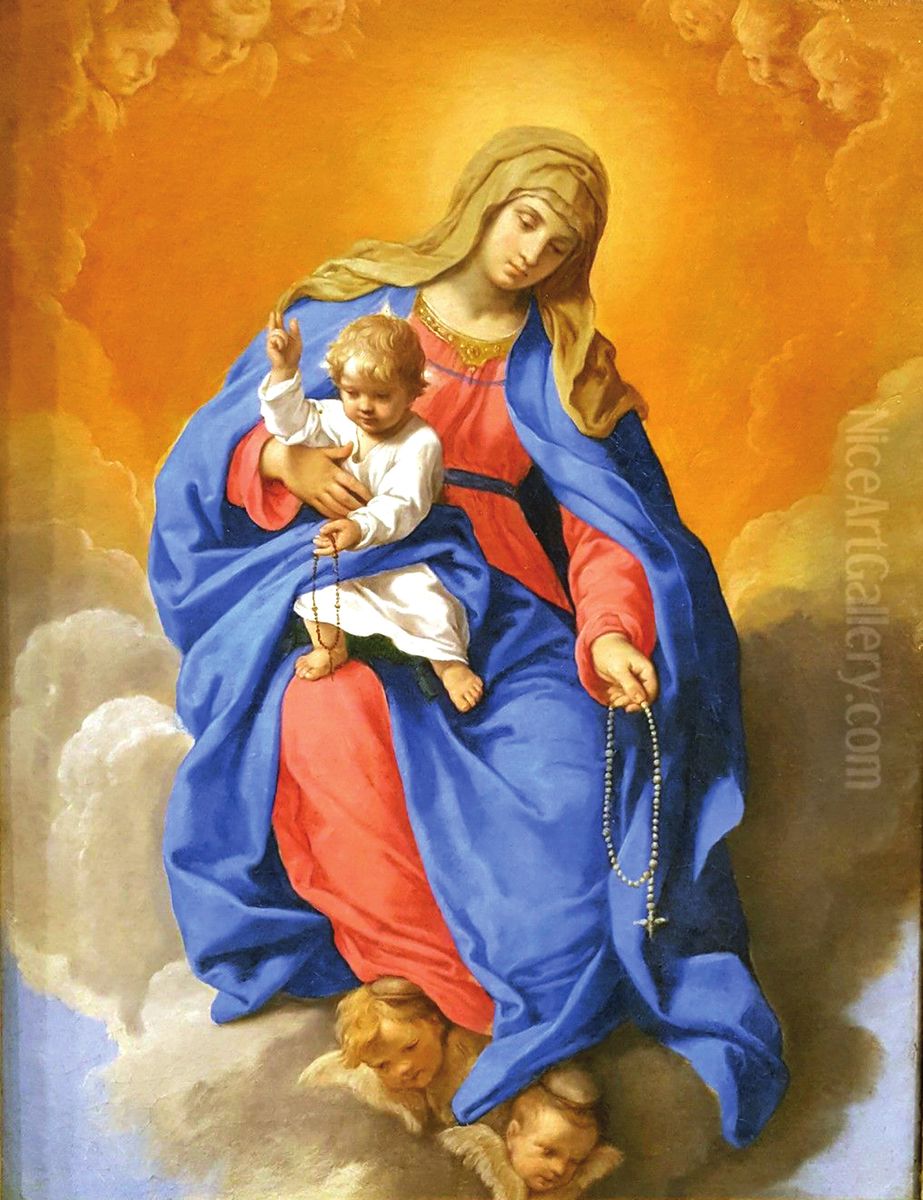 Our Lady of the Rosary with Child Oil Painting by Simone Cantarini (Pesarese)