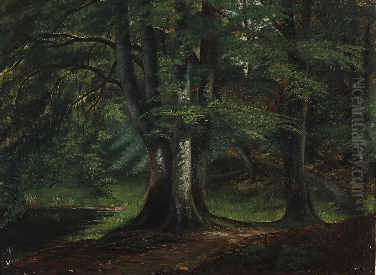 Fra en skovlysning en sommerdag. Oil Painting by Janus Andreas Bartholin La Cour