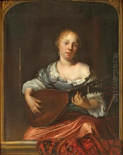 Woman playing the lute in a window Oil Painting by Eglon van der Neer