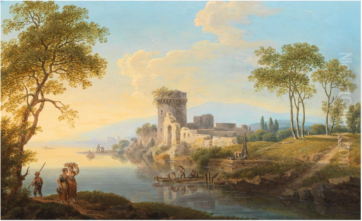 Flusslandschaft mit am Ufer gelegenen Ruinen Oil Painting by Franz Scheyerer