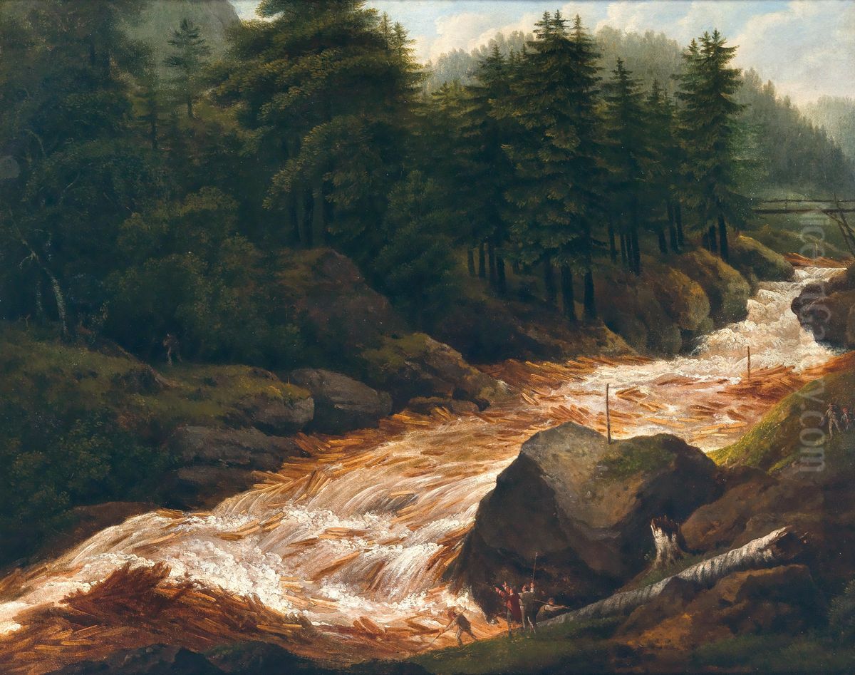 Loggers at a Mountain Torrent Oil Painting by Franz Scheyerer