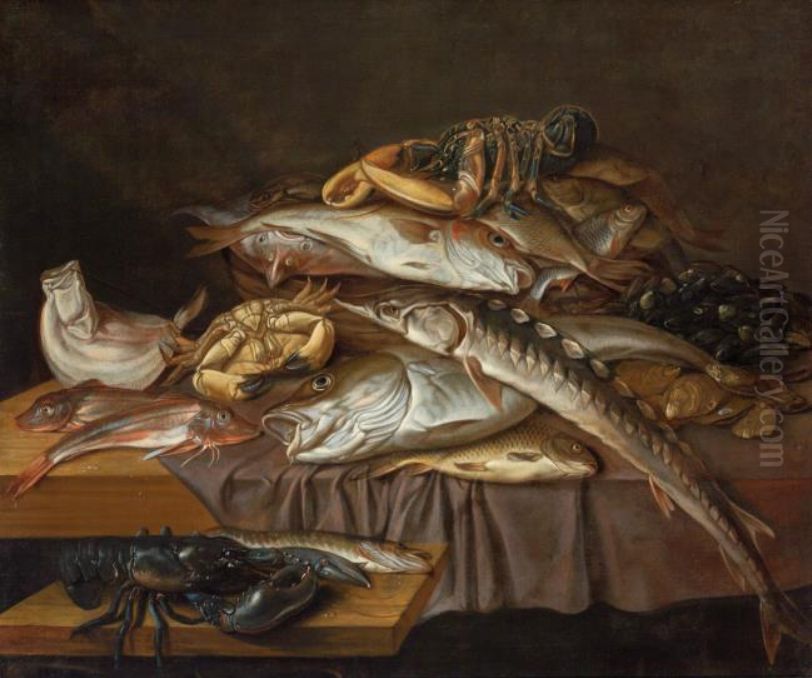 Still life of fish with sea and freshwater fish, crabs and lobsters Oil Painting by Peeter van den Bemden