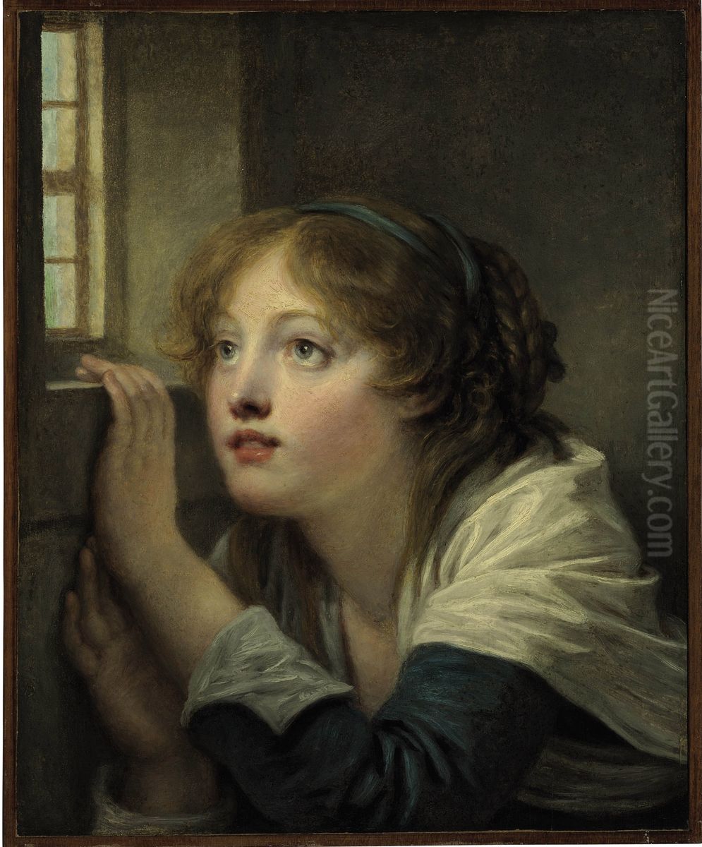 Young Girl at a Window Oil Painting by Jean-Baptiste Greuze