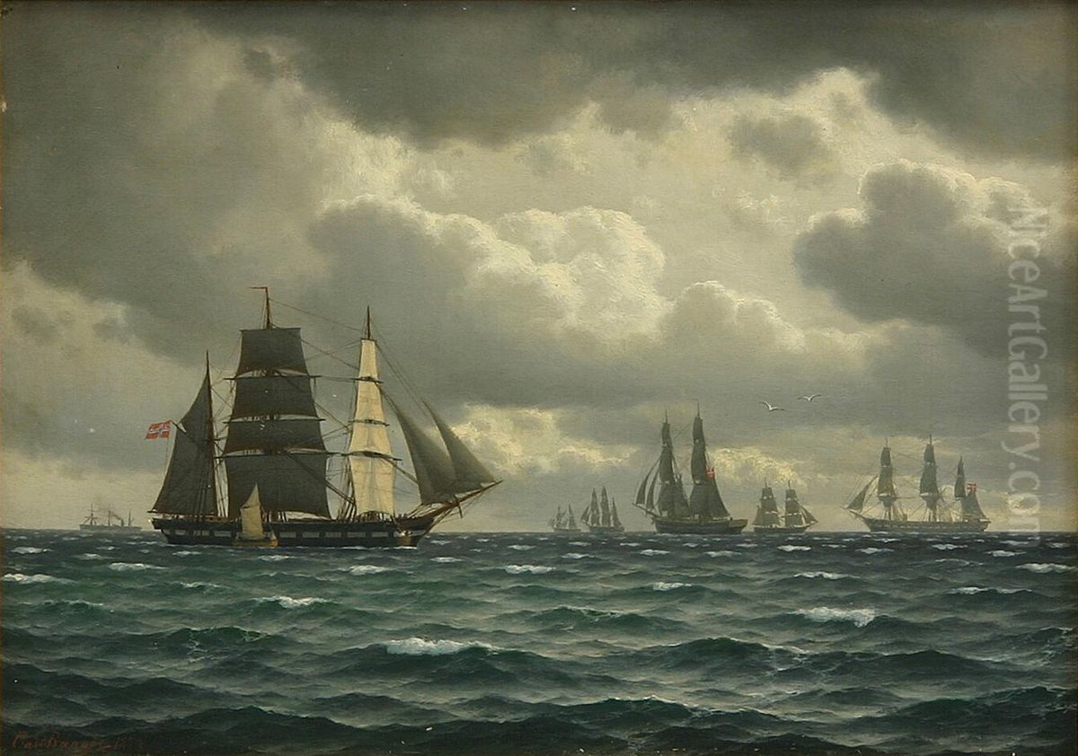 Marine med talrige skibe for sejl. Oil Painting by Carl Baagoe