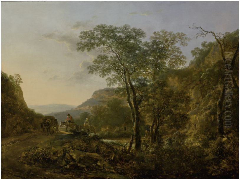 A hilly landscape with a fisherman and herdsman Oil Painting by Jan Both