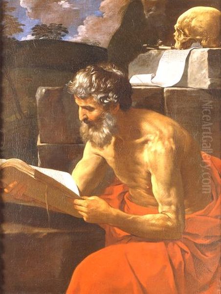 Saint Jerome reading Oil Painting by Simone Cantarini (Pesarese)