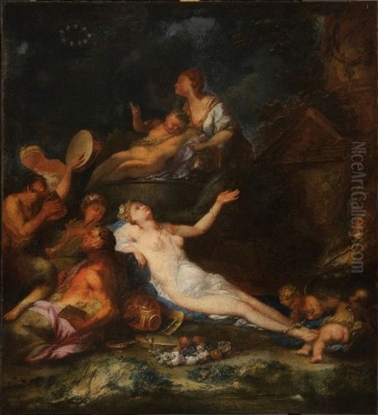 Bacchanal with Maenads, Satyrs and Nymphs Oil Painting by Bartolomeo Guidobono