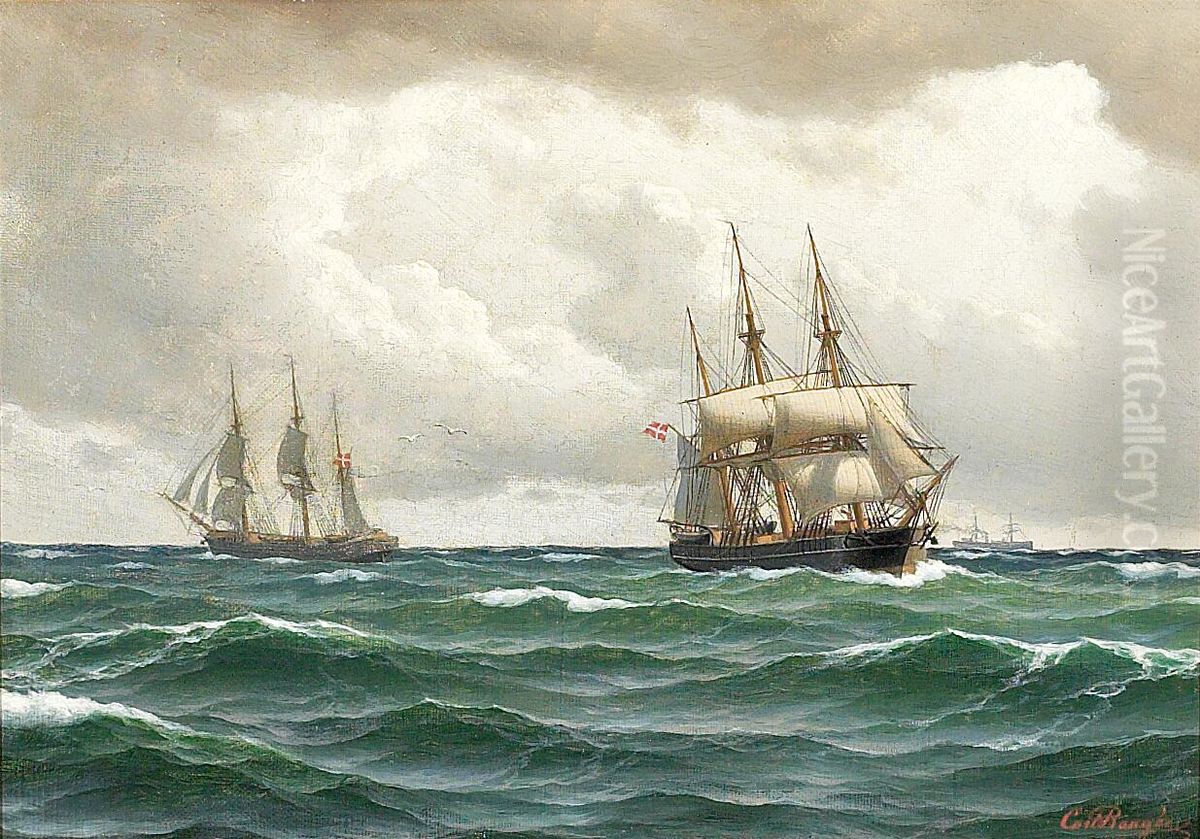 Tre-mastede sejlskibe pa havet. Oil Painting by Carl Baagoe