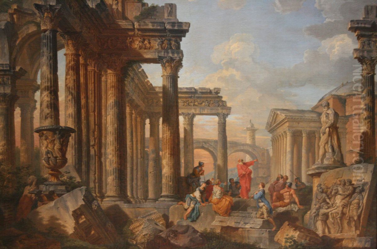 Roman Ruins with a Preacher Oil Painting by Giovanni Paolo Panini