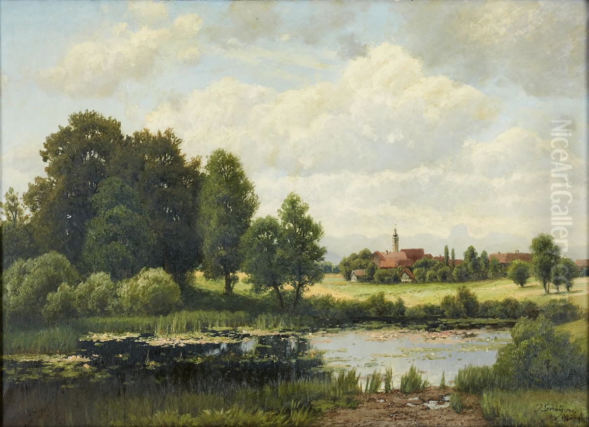 Pastorale Landschaft mit Dorf Oil Painting by Josef Schoyerer
