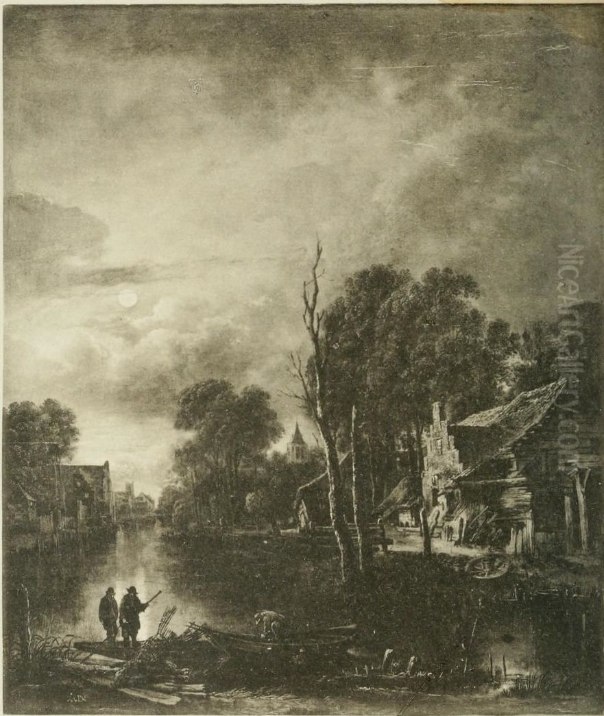 Moonlit landscape with village canal Oil Painting by Aert van der Neer