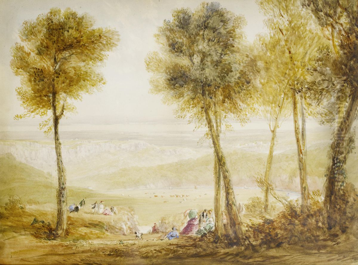 An extensive view of the Severn Valley with figures picknicking on the Wyndcliffe Oil Painting by David Cox