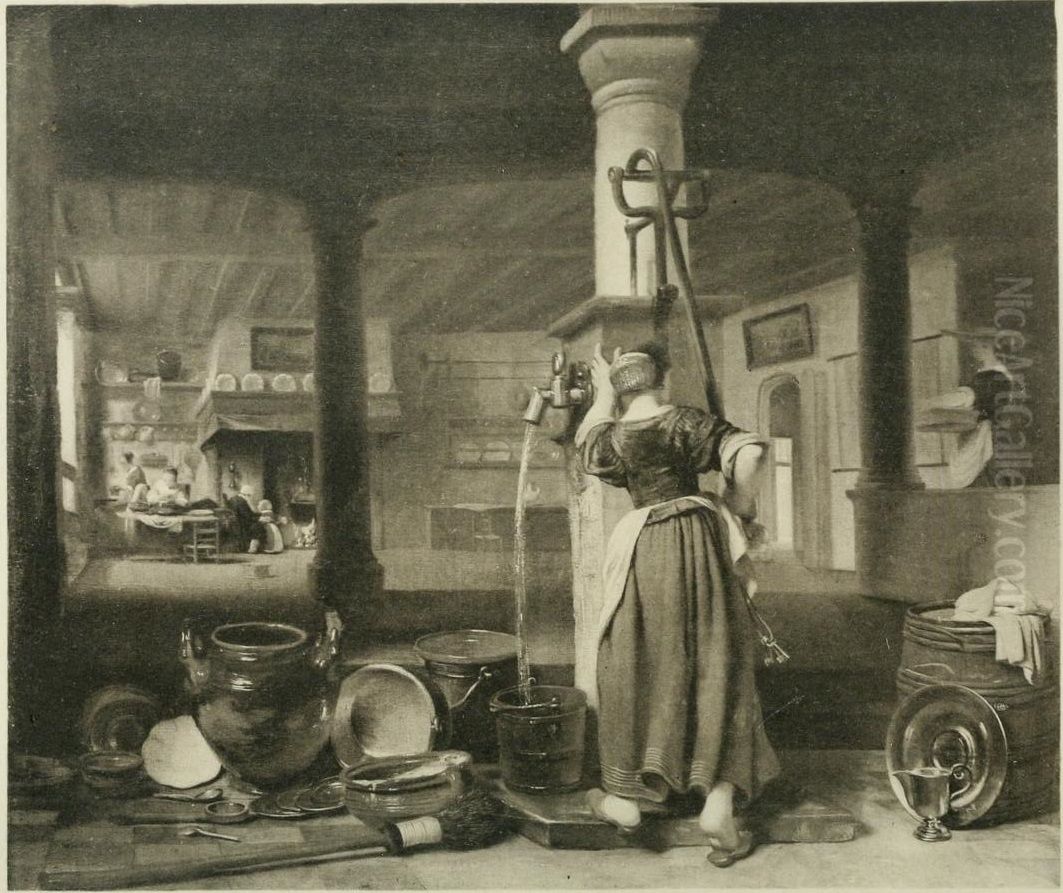 A young woman pumping water Oil Painting by Nicolaes Maes