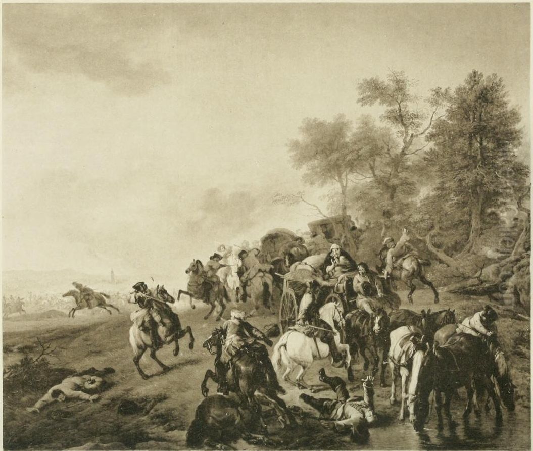 Soldiers attacking peasants Oil Painting by Jan Van Huchtenburgh