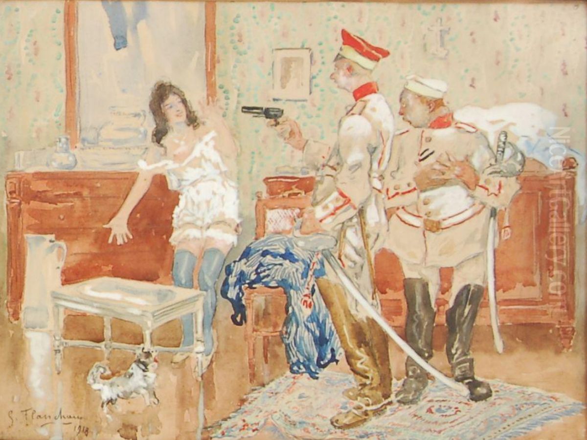 Policemen in a room, one pointing a gun at a woman Oil Painting by Auguste Leveque