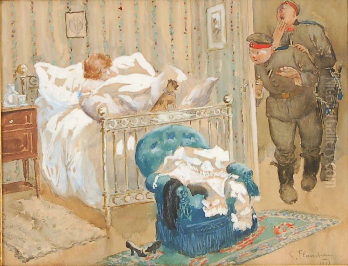 Policemen peeping into a room with a woman in bed Oil Painting by Auguste Leveque