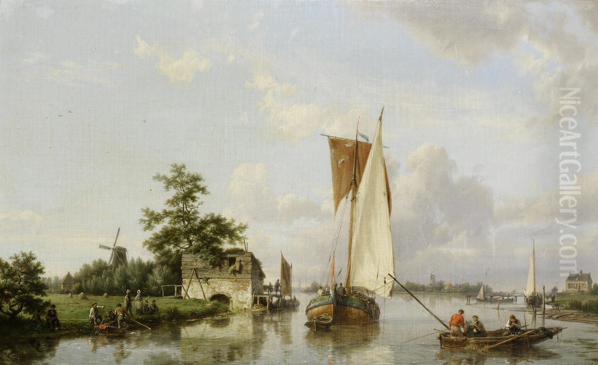 Dutch river scene with a sailing barge, fishermen and figures gathered on the bank Oil Painting by Hermanus Koekkoek